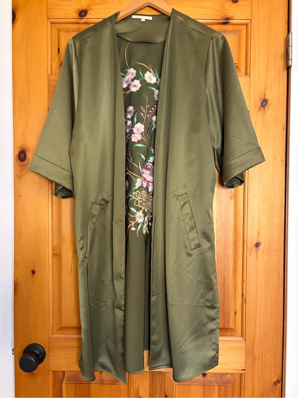 Floreat Olive Green Satin Duster with Floral Embroidery like new